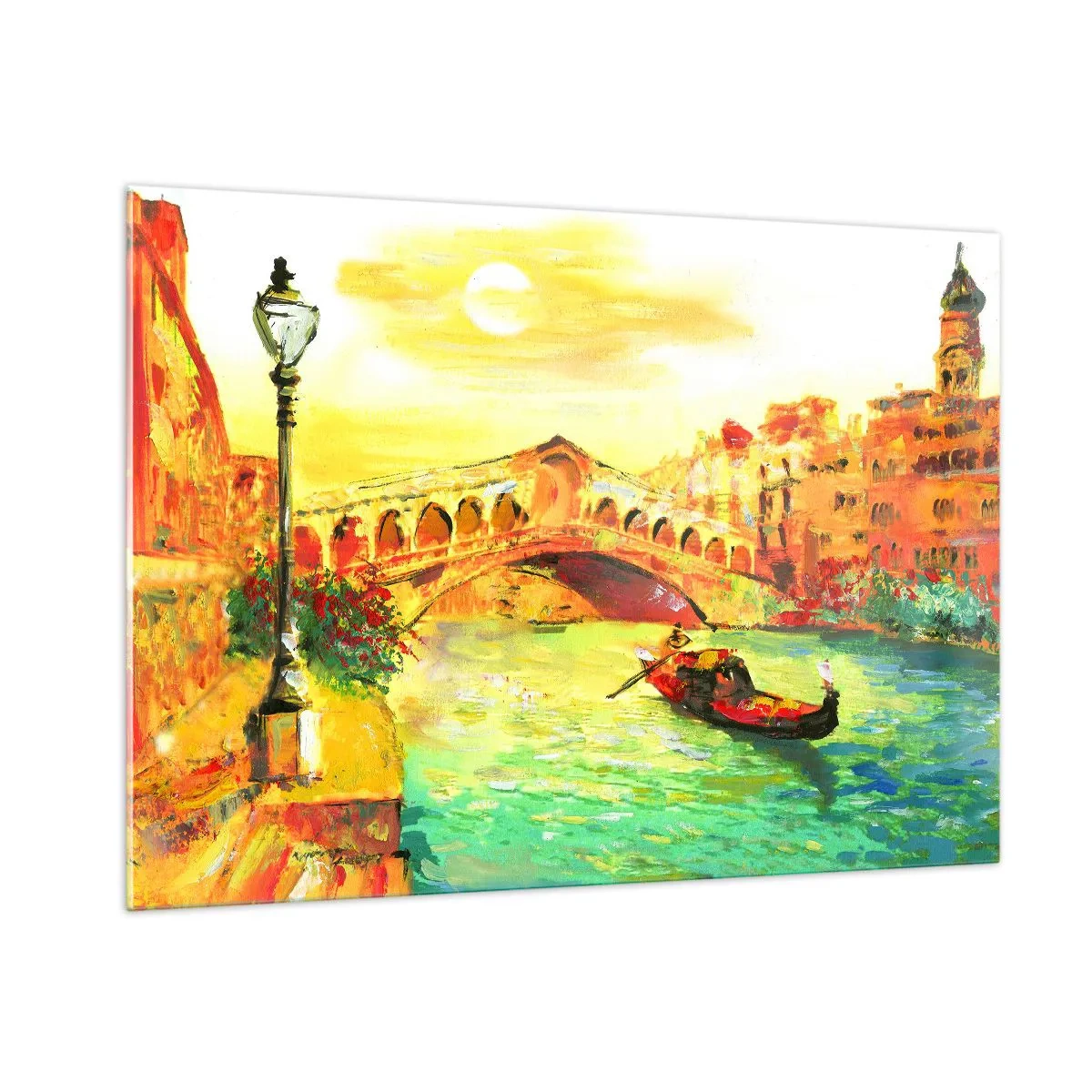 Impression sur verre - Image sur verre - Canal avec gondole et pont sous les rayons du soleil couchant - 100x70cm - Un pèlerinage d'amoureux - Décoration murale moderne pour le salon et la chambre ARTTOR