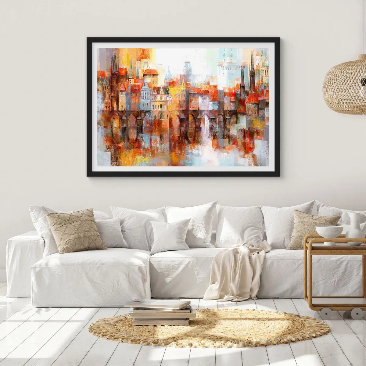 Affiche dans un cadre noir - Poster - Un panorama pittoresque de la ville avec un pont aux couleurs d'automne - 70x50cm - C'est aussi beau sous le pont - Décoration murale moderne pour le salon et la chambre ARTTOR