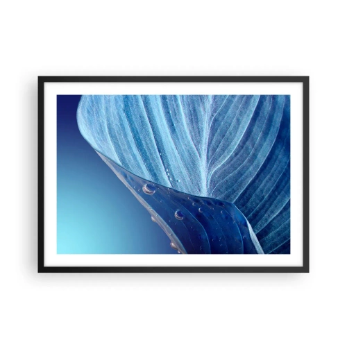 Affiche dans un cadre noir - Poster - Une feuille bleue avec des gouttes d'eau visibles - 70x50cm - Gouttes cachées du bleu - Décoration murale moderne pour le salon et la chambre ARTTOR