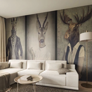 Papier Peint Photo Premium Canvas - Un triptyque avec des figures animales en vêtements humains sur un fond artistique - 100x70cm - Laissons parler les gestes - Décoration murale moderne pour le salon et la chambre ARTTOR