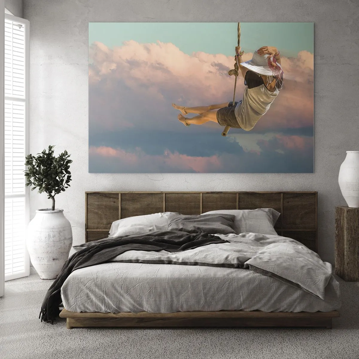 Impression sur verre - Image sur verre - Fille sur une balançoire parmi les nuages roses - 70x50cm - S'amuser dans les nuages - Décoration murale moderne pour le salon et la chambre ARTTOR