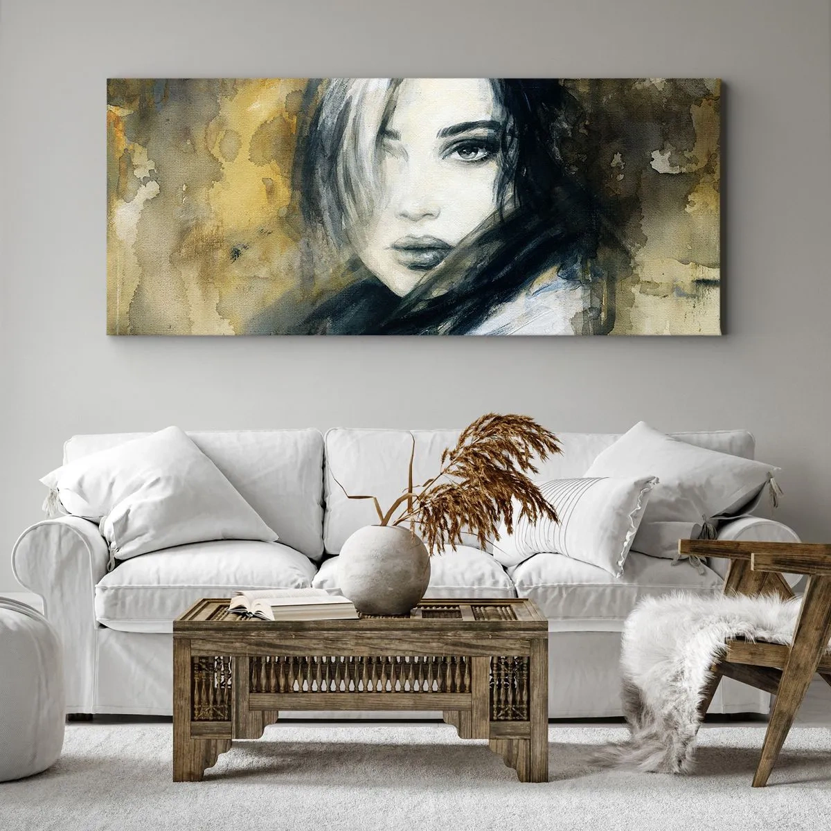 Impression sur toile - Image sur toile - Portrait d'une femme sur fond de taches abstraites dans les tons beiges - 160x50cm - plutôt innocente ou sensuelle ? - Décoration murale moderne pour le salon et la chambre ARTTOR