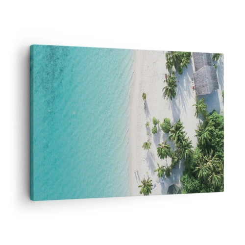 Impression sur toile - Image sur toile - Vue plongeante sur une plage tropicale avec de l'eau turquoise et des palmiers - 70x50cm - Vacances au paradis - Décoration murale moderne pour le salon et la chambre ARTTOR