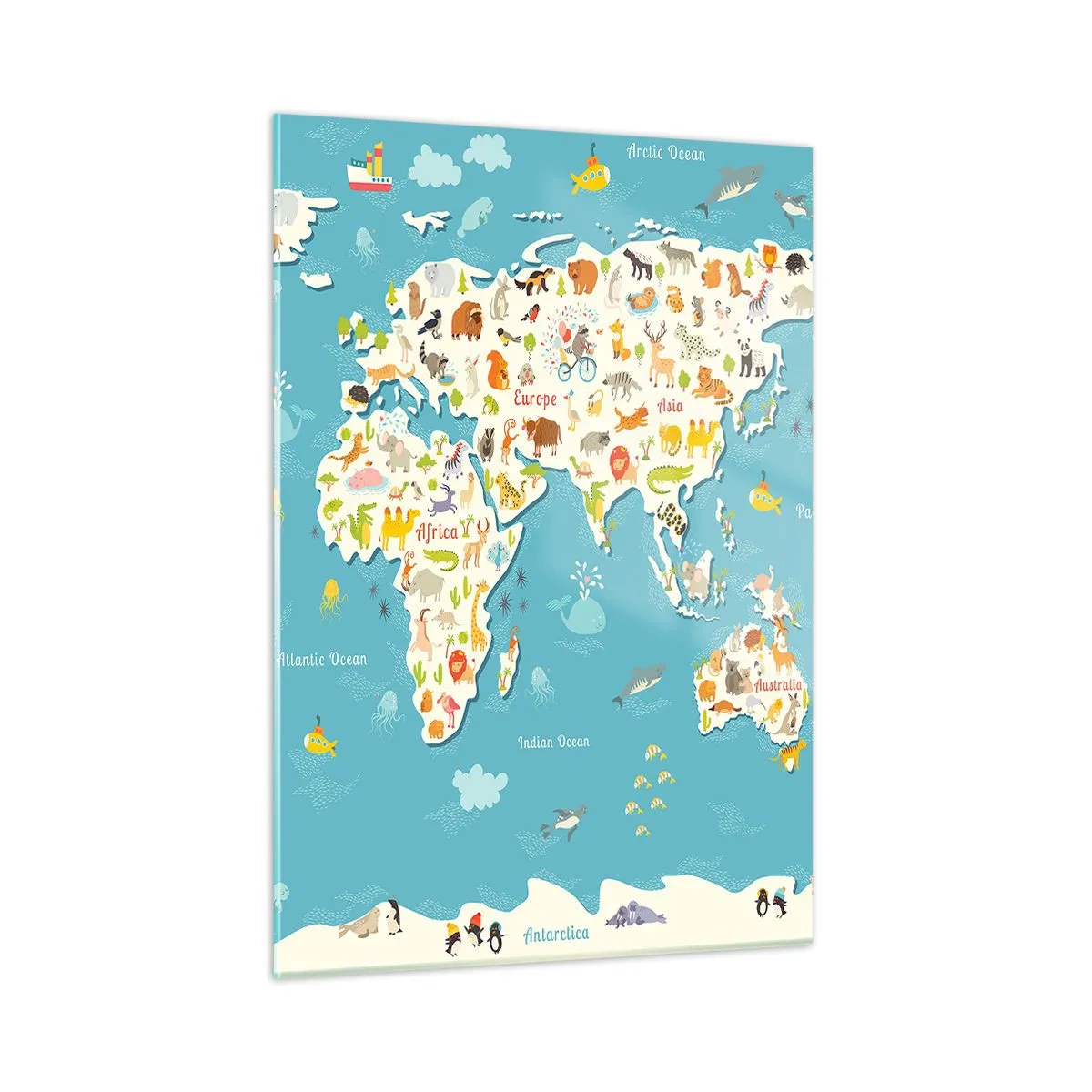 Impression sur verre - Image sur verre - Carte du monde colorée avec des motifs d'animaux et d'océan - 50x70cm - Nous aimons le monde entier - Décoration murale moderne pour le salon et la chambre ARTTOR