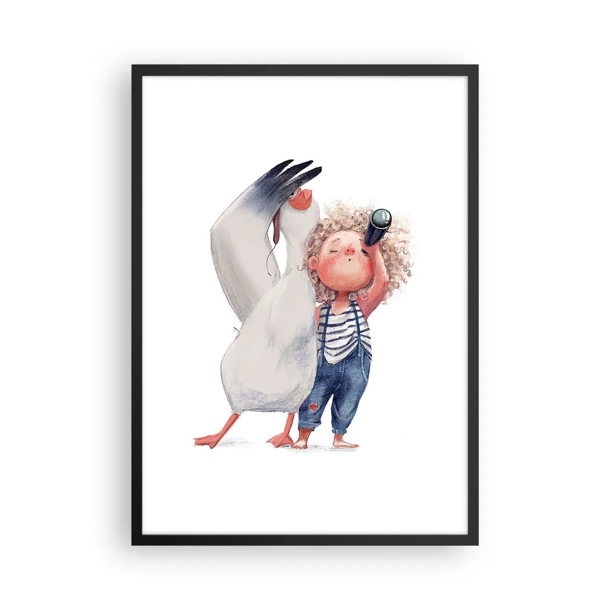 Affiche dans un cadre noir - Poster - Illustration d'un enfant avec des jumelles et un oiseau les accompagnant - 50x70cm - Plan de grand voyage - Décoration murale moderne pour le salon et la chambre ARTTOR