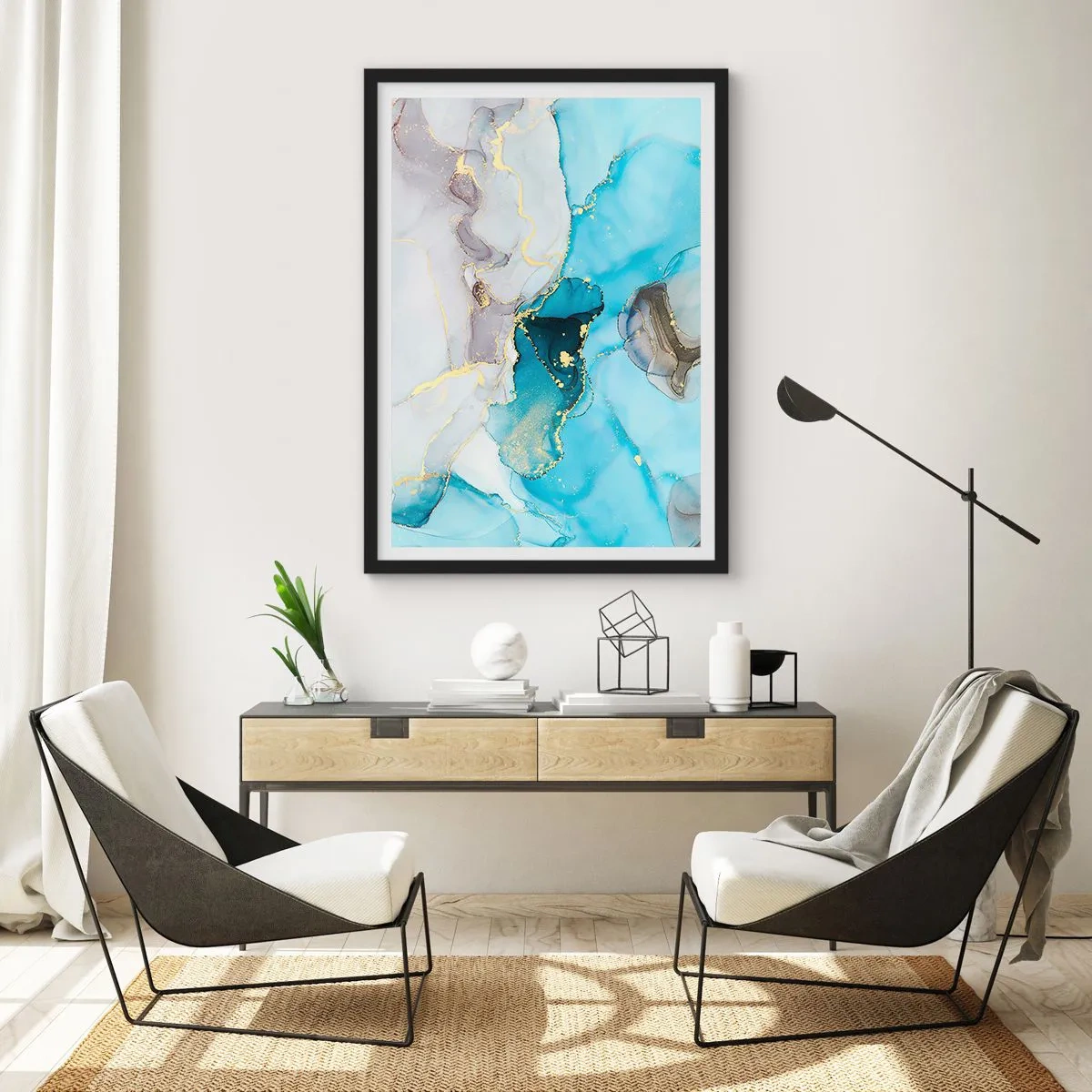 Affiche dans un cadre noir - Poster - Etude de la rencontre gris et turquoise - 70x100 cm