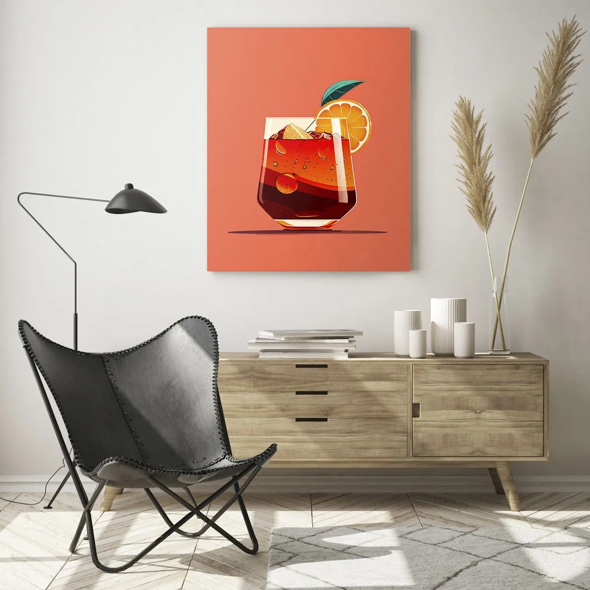 Impression sur verre - Image sur verre - Un verre de boisson et une tranche d'orange sur un fond orange - 80x120cm - Rafraîchissement d'été - Décoration murale moderne pour le salon et la chambre ARTTOR