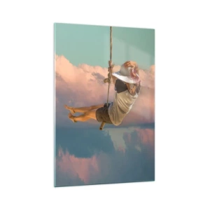 Impression sur verre - Image sur verre - Femme sur une balançoire parmi les nuages roses - 70x100cm - S'amuser dans les nuages - Décoration murale moderne pour le salon et la chambre ARTTOR