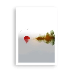 Affiche - Poster - Un paysage minimaliste avec un soleil rouge et un lac. - 50x70cm - Une promesse de paix - Décoration murale moderne pour le salon et la chambre ARTTOR