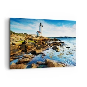 Impression sur toile - Image sur toile - Un phare sur une côte rocheuse par une journée ensoleillée - 120x80cm - Revenez heureux, j'attends - Décoration murale moderne pour le salon et la chambre ARTTOR
