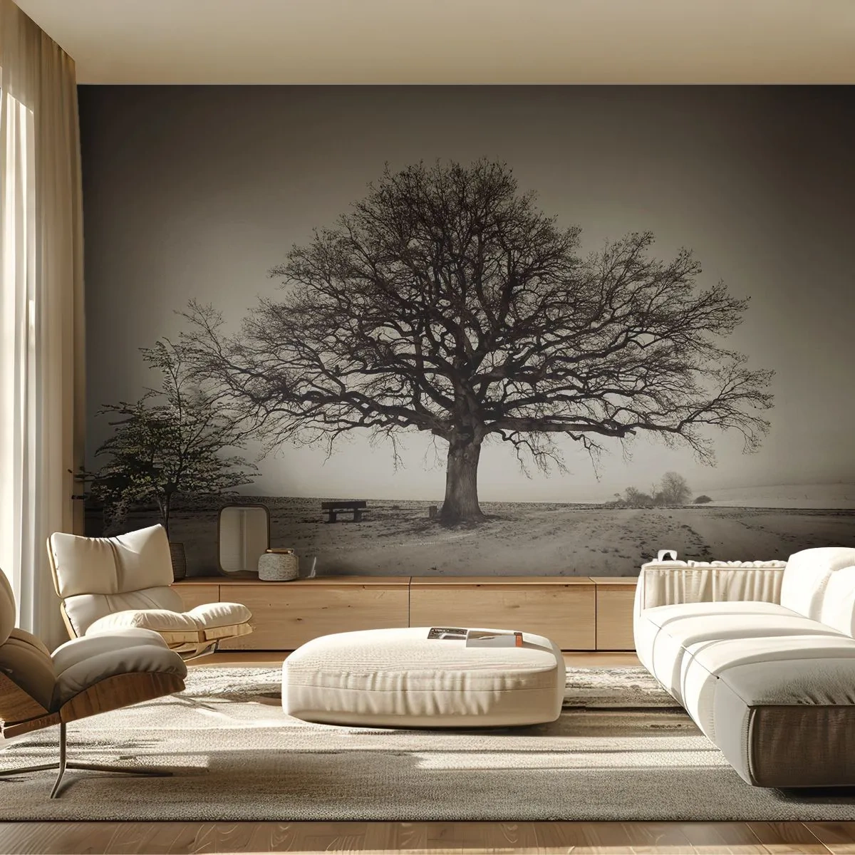 Papier Peint Photo Premium Sand - Un arbre solitaire dans un paysage hivernal sépia - 100x70cm - D'ici à l'éternité - Décoration murale moderne pour le salon et la chambre ARTTOR