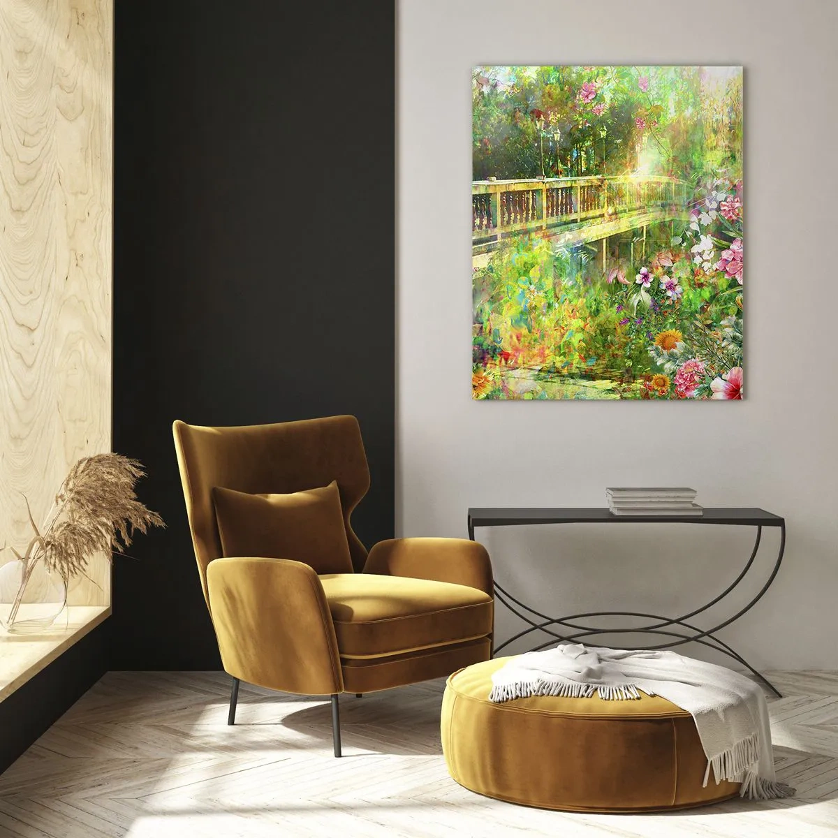 Impression sur verre - Image sur verre - Un pont entouré d'une végétation luxuriante et de fleurs colorées - 50x70cm - Le soupire d'un pont de printemps - Décoration murale moderne pour le salon et la chambre ARTTOR