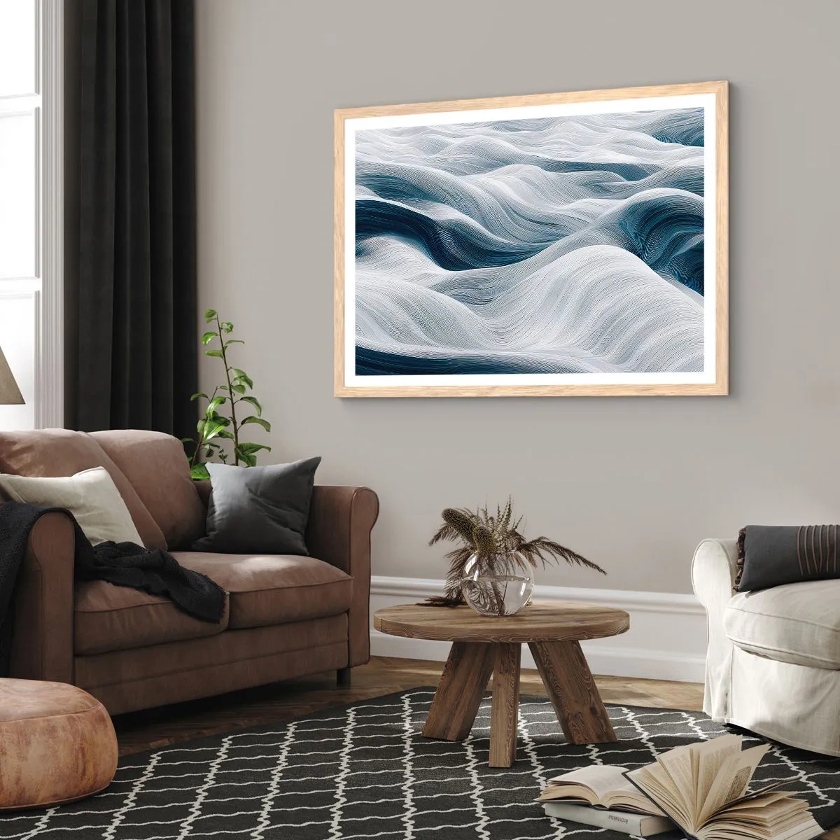 Affiche dans un chêne clair - Poster - Vagues blanches et bleues - 70x50 cm