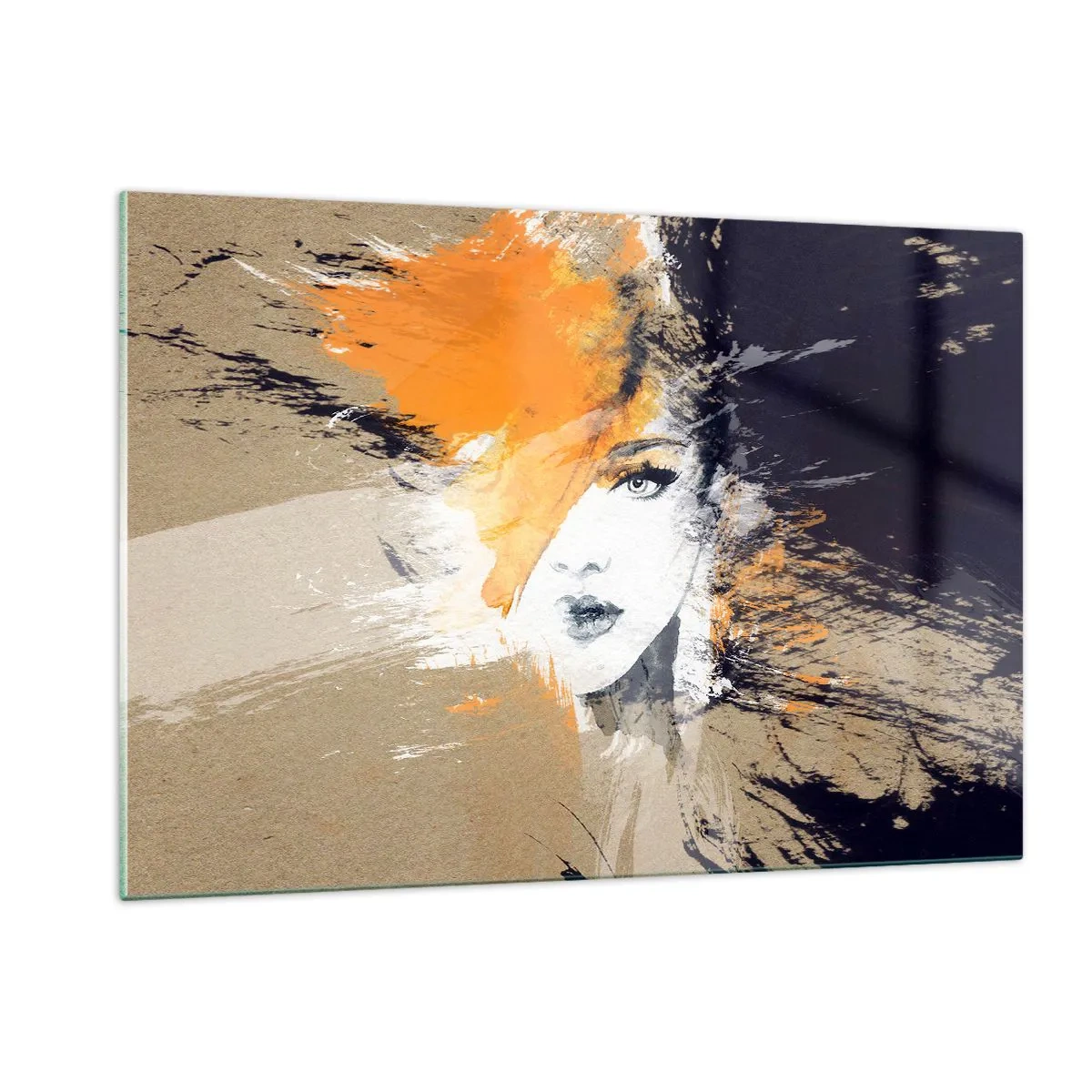 Impression sur verre - Image sur verre - Portrait abstrait d'une femme aux accents orange - 120x80cm - Et la lumière fut - Décoration murale moderne pour le salon et la chambre ARTTOR