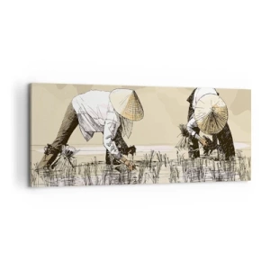Impression sur toile - Image sur toile - Des agriculteurs travaillant dans une rizière portant des coiffures traditionnelles - 120x50cm - Récolte réussie - Décoration murale moderne pour le salon et la chambre ARTTOR