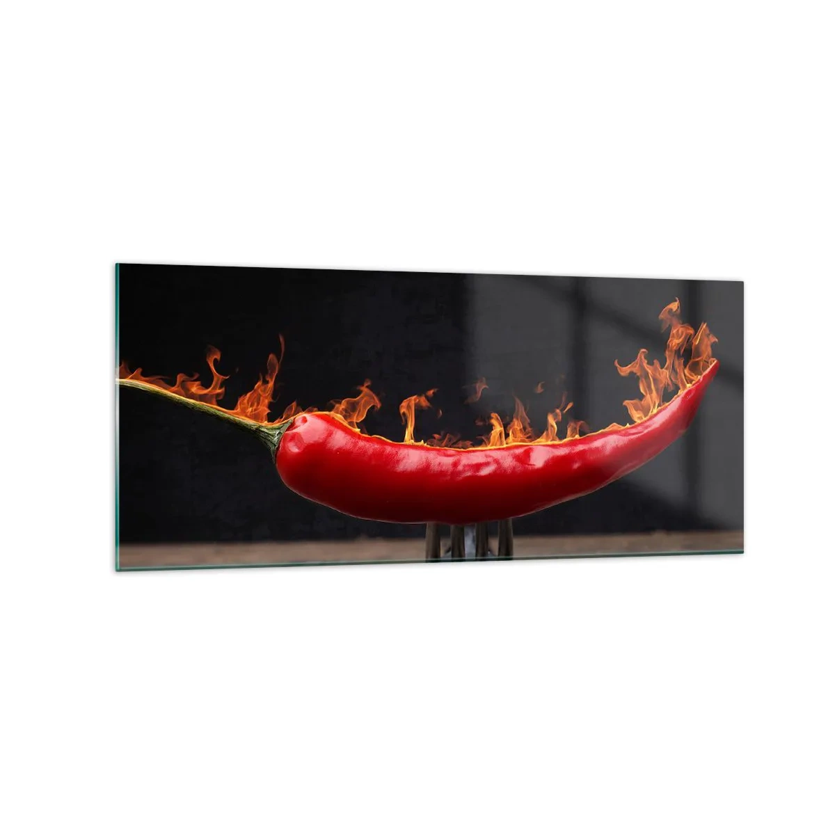 Impression sur verre - Image sur verre - Poivron rouge flamboyant sur une fourchette - 120x50cm - Un apéritif enflammé - Décoration murale moderne pour le salon et la chambre ARTTOR