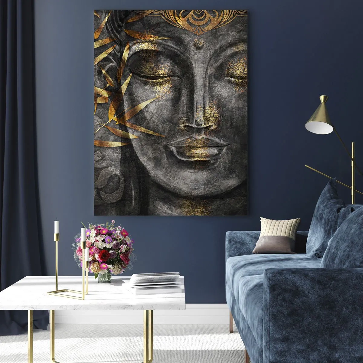 Impression sur verre - Image sur verre - Image de Bouddha zen avec des bambous dorés - 80x120cm - Ressentir le calme - Décoration murale moderne pour le salon et la chambre ARTTOR
