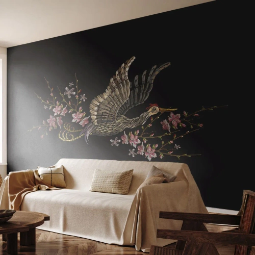 Papier Peint Photo Premium Sand - Oiseau brodé exotique - Oiseau, Graphique, Fleurs - 200x140 cm