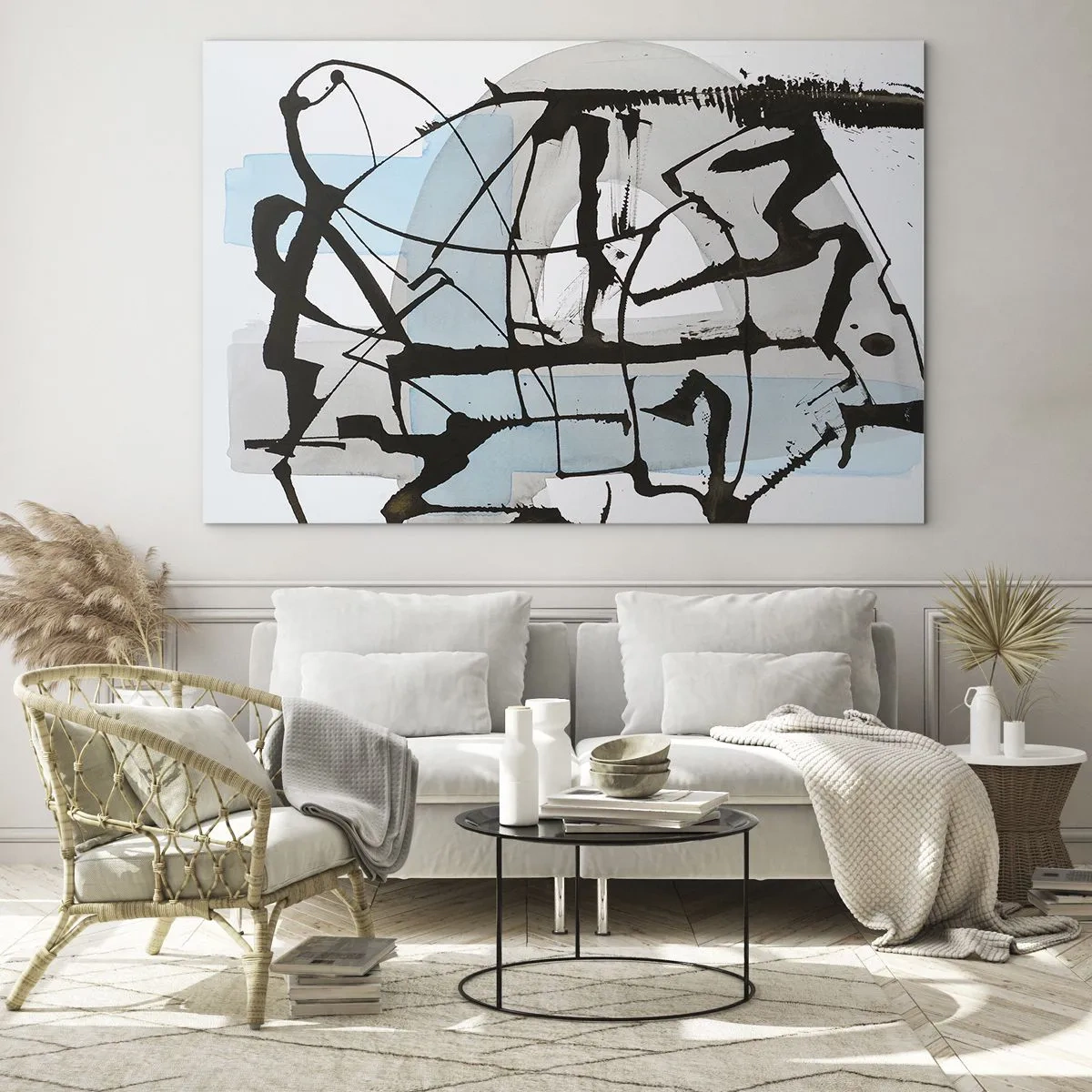 Impression sur verre - Image sur verre - Composition abstraite avec un croquis noir et des taches bleues - 100x70cm - Bleu malgré tout - Décoration murale moderne pour le salon et la chambre ARTTOR