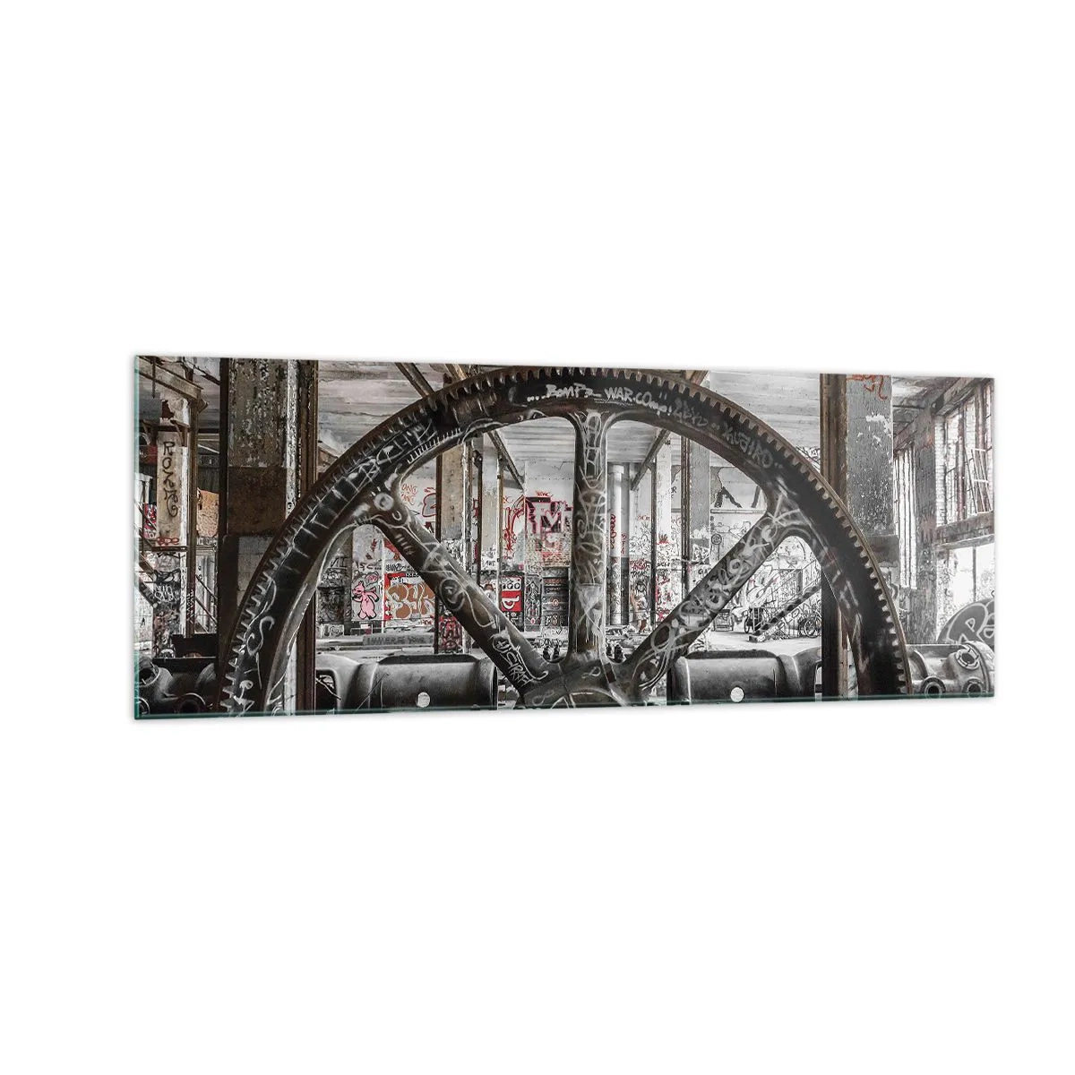 Impression sur verre - Image sur verre - Un vieux mécanisme dans un intérieur industriel abandonné - 140x50cm - Vie secrète d'une usine - Décoration murale moderne pour le salon et la chambre ARTTOR