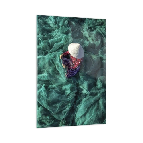 Impression sur verre - Image sur verre - Une personne avec un chapeau parmi des filets de pêche verts - 80x120cm - Dans une mer de filet - Décoration murale moderne pour le salon et la chambre ARTTOR