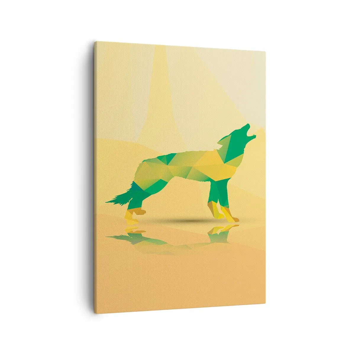 Impression sur toile - Image sur toile - Silhouette de loup géométrique dans les tons verts et jaunes - 50x70cm - Loup solitaire - Décoration murale moderne pour le salon et la chambre ARTTOR