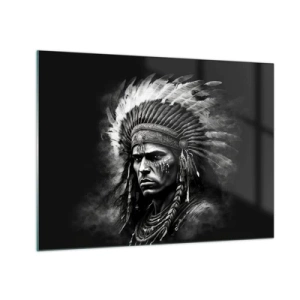 Impression sur verre - Image sur verre - Portrait en noir et blanc d'un guerrier avec une coiffe à plumes - 70x50cm - Un leader et un guerrier - Décoration murale moderne pour le salon et la chambre ARTTOR