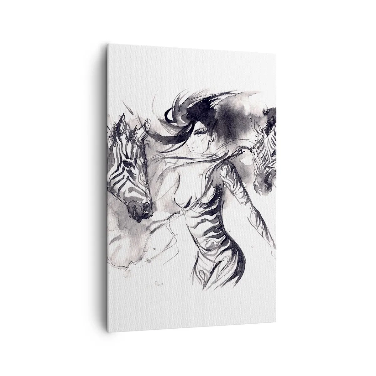 Impression sur toile - Image sur toile - Une femme dans une danse dynamique avec des zèbres dans une esthétique noir et blanc - 80x120cm - Danse avec les zèbres - Décoration murale moderne pour le salon et la chambre ARTTOR