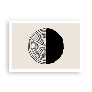 Affiche - Poster - Un motif abstrait en noir et blanc inspiré d'une coupe transversale de bois avec une division géométrique. - 100x70cm - Moitié-moitié - Décoration murale moderne pour le salon et la chambre ARTTOR