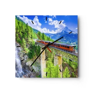 Horloge murale - Pendule murale - Des montagnes russes sur un pont avec vue sur une cascade et des montagnes - 30x30cm - Train dans les Alpes - Décoration murale moderne pour le salon et la chambre ARTTOR