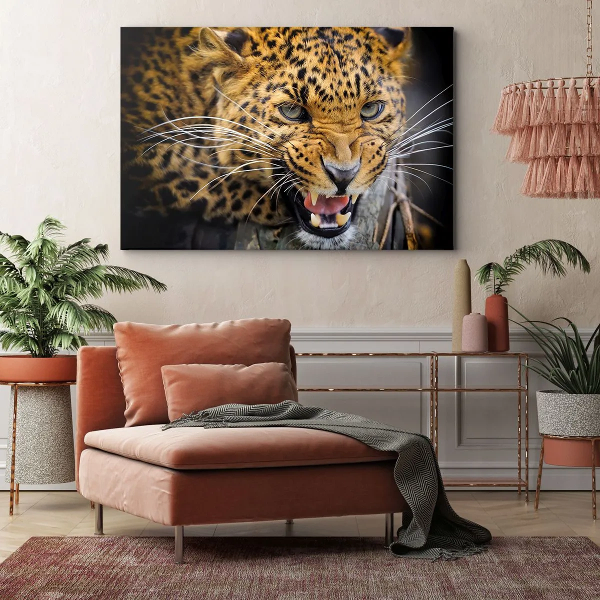 Impression sur toile - Image sur toile - Gros plan d'un léopard menaçant avec ses crocs découverts. - 70x50cm - Reste en retrait, je te préviens ! - Décoration murale moderne pour le salon et la chambre ARTTOR