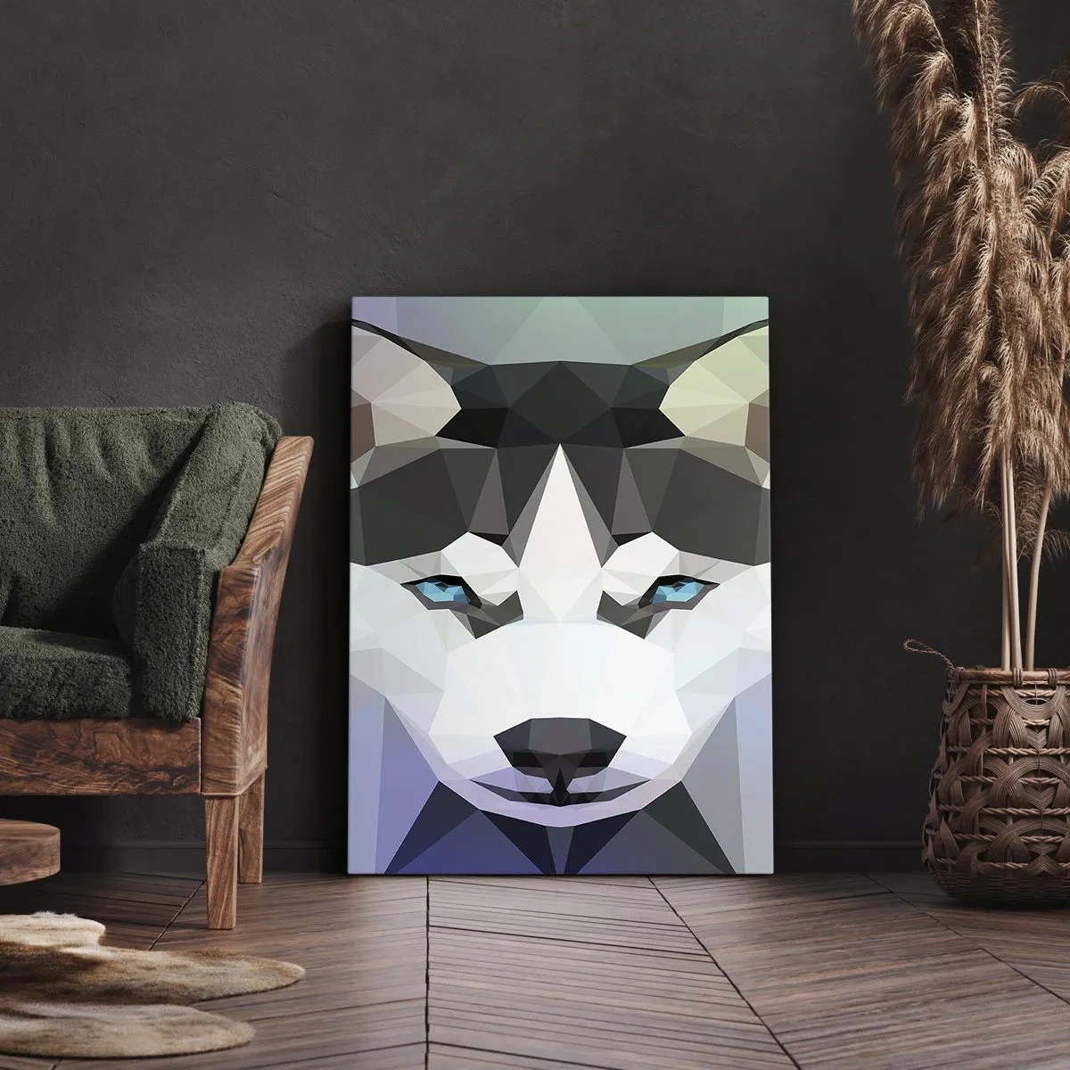 Impression sur toile - Image sur toile - Loup géométrique aux yeux bleus expressifs - 50x70cm - La mémoire des neiges du nord - Décoration murale moderne pour le salon et la chambre ARTTOR