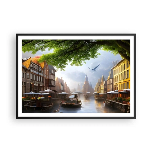 Affiche dans un cadre noir - Poster - Un paysage hollandais pittoresque avec un canal et des maisons de rapport - 100x70cm - Paysage urbain néerlandais - Décoration murale moderne pour le salon et la chambre ARTTOR