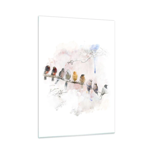 Impression sur verre - Image sur verre - Oiseaux colorés sur une branche dans un style pictural - 50x70cm - Rencontre ailée - Décoration murale moderne pour le salon et la chambre ARTTOR