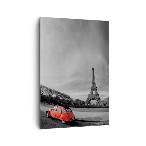 Impression sur toile - Image sur toile - Une voiture rouge avec la Tour Eiffel en arrière-plan dans un paysage en noir et blanc - 70x100cm - Plus parisien que Paris lui-même - Décoration murale moderne pour le salon et la chambre ARTTOR