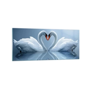 Impression sur verre - Image sur verre - Deux cygnes formant un cœur sur une surface d'eau calme - 120x50cm - Le temps de l'amour - Décoration murale moderne pour le salon et la chambre ARTTOR