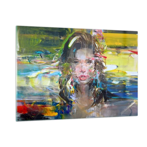 Impression sur verre - Image sur verre - Portrait abstrait d'une femme avec un arrière-plan dynamique - 120x80cm - Derrière l'air, un rideau - Décoration murale moderne pour le salon et la chambre ARTTOR