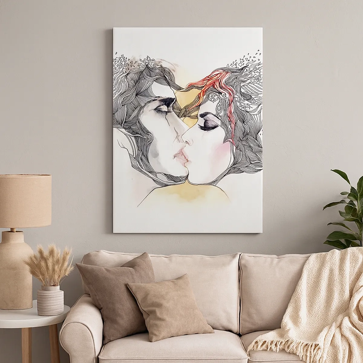 Impression sur toile - Image sur toile - Portrait artistique d'un couple avec des motifs de cheveux abstraits - 50x70cm - Le monde n'existe pas - Décoration murale moderne pour le salon et la chambre ARTTOR