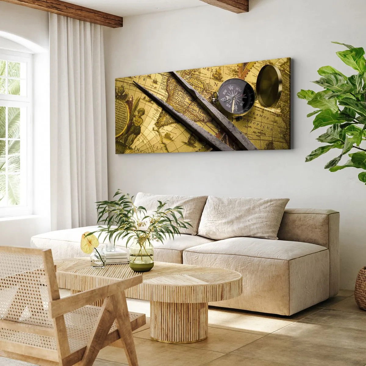 Impression sur toile - Image sur toile - Une carte du monde antique avec une boussole et un compas en arrière-plan - 160x50cm - Où sont ces trésors? - Décoration murale moderne pour le salon et la chambre ARTTOR