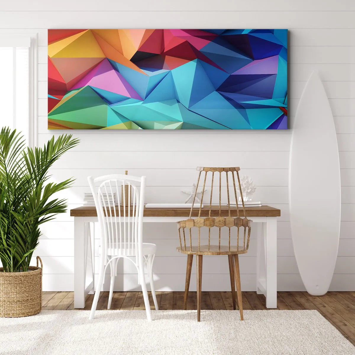 Impression sur toile - Image sur toile - Abstraction géométrique colorée aux couleurs vives - 140x50cm - Origami arc-en-ciel - Décoration murale moderne pour le salon et la chambre ARTTOR