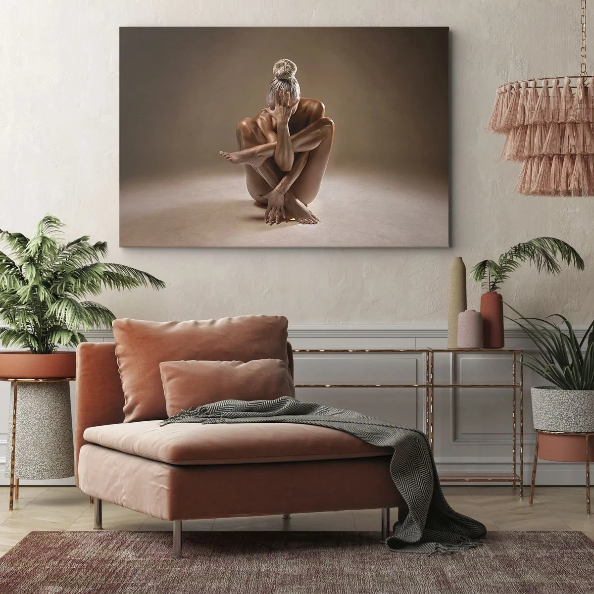 Impression sur toile - Image sur toile - Silhouette artistique d'une femme sur fond beige - 70x50cm - Unité du corps et de l'âme - Décoration murale moderne pour le salon et la chambre ARTTOR