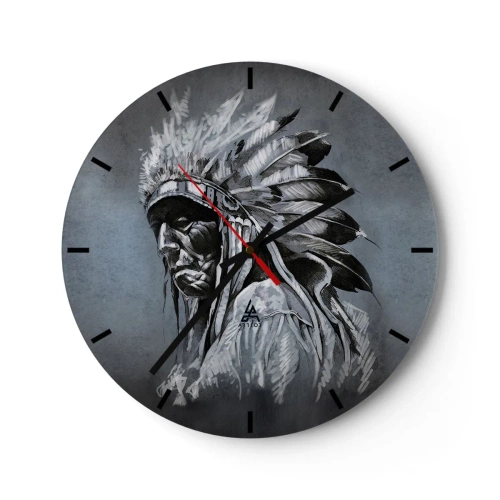 Horloge murale - Pendule murale - Portrait d'un guerrier portant une coiffe à plumes sur fond gris - 30x30cm - Retour aux sources - Décoration murale moderne pour le salon, la cuisine et la chambre ARTTOR
