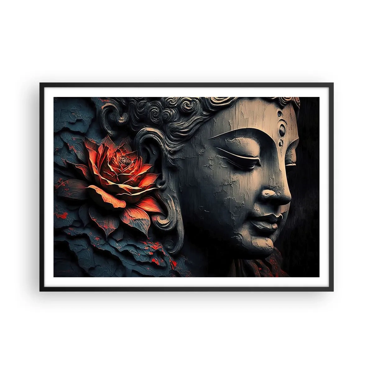 Affiche dans un cadre noir - Poster - Sculpture de Bouddha avec une fleur de lotus rouge - 100x70cm - En harmonie avec le monde - Décoration murale moderne pour le salon et la chambre ARTTOR