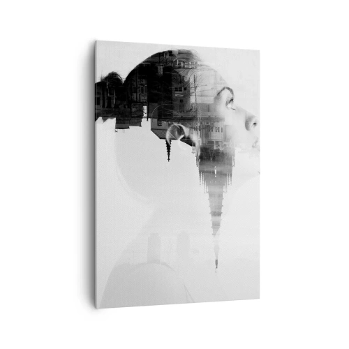 Impression sur toile - Image sur toile - Portrait d'une femme avec le contour d'une ville en arrière-plan, couleurs noir et blanc - 70x100cm - Des deux côtés du verre - Décoration murale moderne pour le salon et la chambre ARTTOR