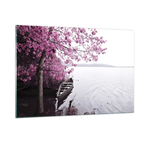 Impression sur verre - Image sur verre - Un bateau au bord de l'eau avec un arbre rose au-dessus de l'eau - 120x80cm - Dans un silence rose - Décoration murale moderne pour le salon et la chambre ARTTOR