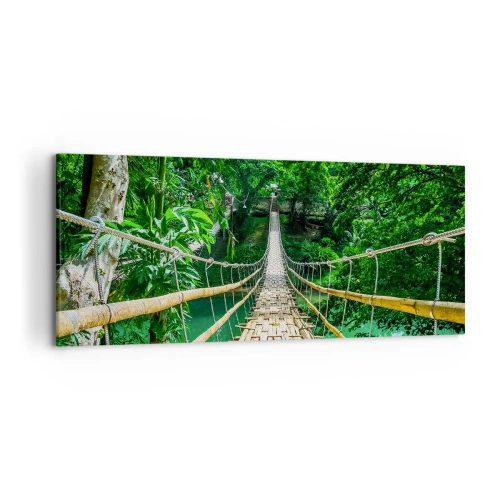 Impression sur toile - Image sur toile - Un pont suspendu en bambou entouré de verdure - 120x50cm - Pont de singe en pleine nature - Décoration murale moderne pour le salon et la chambre ARTTOR