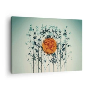 Impression sur toile - Image sur toile - Soleil orange parmi les branches de bambou - 70x50cm - Soleil japonnais - Décoration murale moderne pour le salon et la chambre ARTTOR