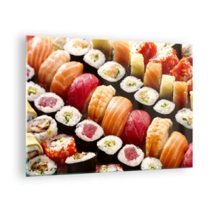 Impression sur verre - Image sur verre - Une composition de sushi colorée avec une variété d'ingrédients - 70x50cm - Couleurs et saveurs d'Asie - Décoration murale moderne pour le salon et la chambre ARTTOR