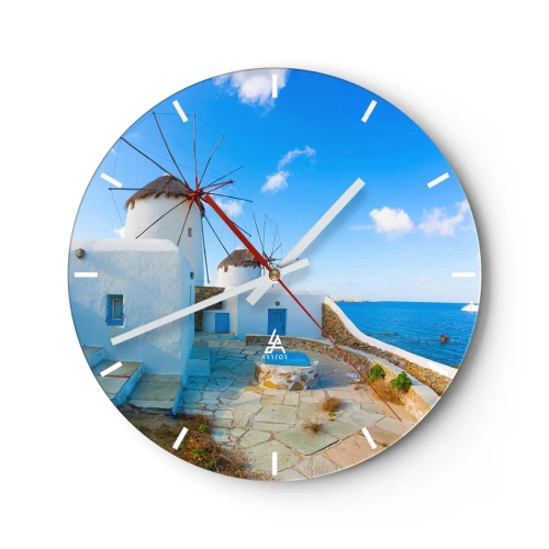 Horloge murale - Pendule murale - Un moulin à vent contre le ciel bleu et la mer sur une île grecque - 30x30cm - Le vent bleu de la mer - Décoration murale moderne pour le salon, la cuisine et la chambre ARTTOR