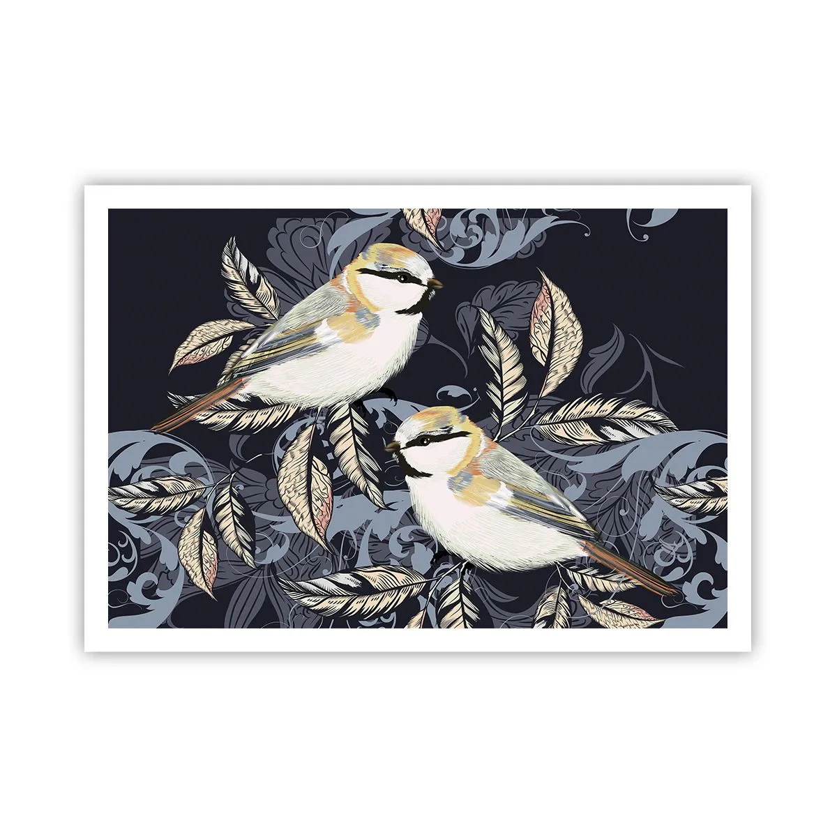 Affiche - Poster - Oiseaux sur des branches dans un arrière-plan ornemental - 100x70cm - Babillement jaune et bleu - Décoration murale moderne pour le salon et la chambre ARTTOR